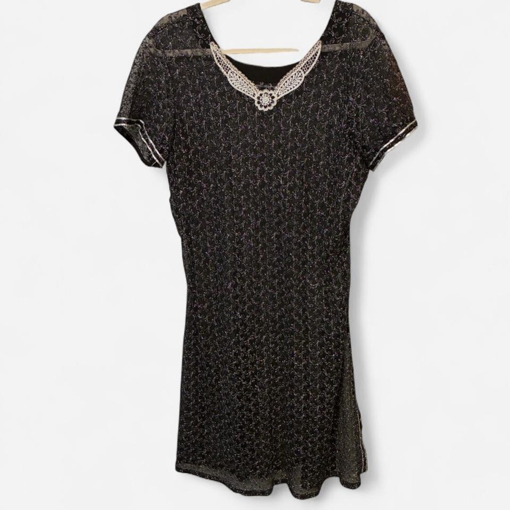 Black illusion see through dress w/ silver lace pattern & thigh slit